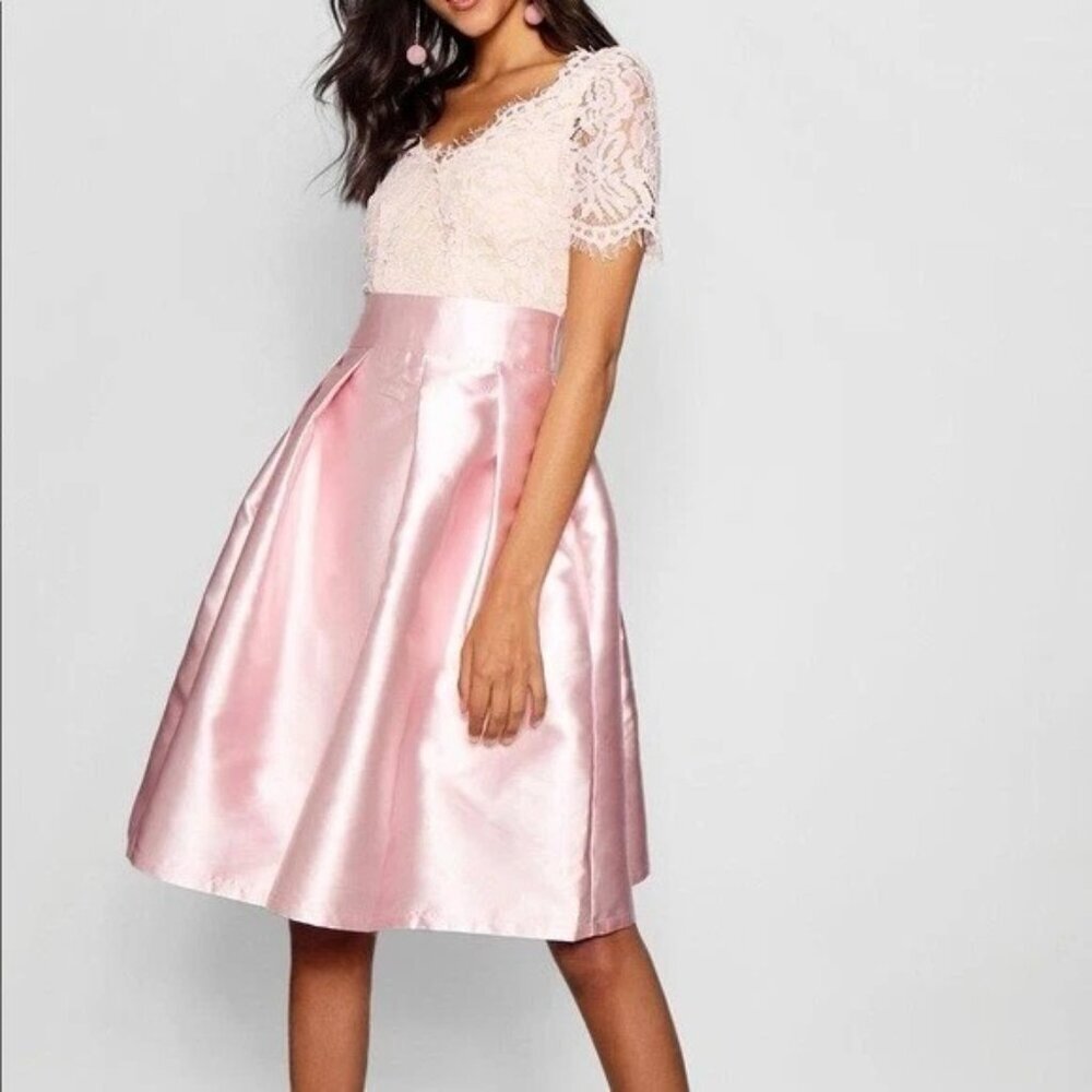 Lucy Wang Size L Pink Lace Satin Fit & Flare Taffeta Skater Dress Fairy Romantic